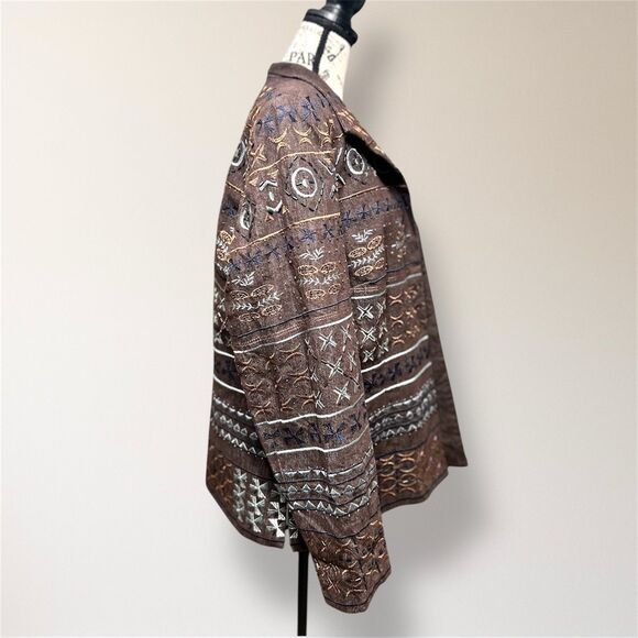 Coldwater Creek W18 Brown Embroidered Beaded Jacket Boho Artsy Open Front Blazer - Picture 2 of 8